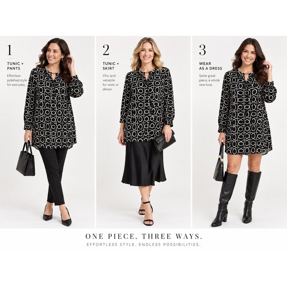 H&M Dress Tunic Shirt Black Long Sleeve Polka Dot Geometric 3/4 Button Relaxed M